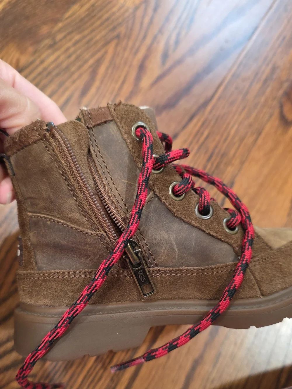 UGG Size 9 Kids Brown Suede Boots with Red and Black Laces
